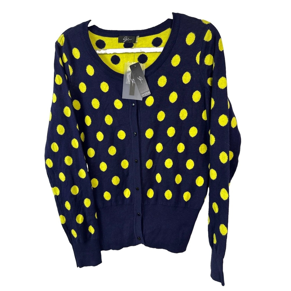 Spense Knit CardiganSweater NavyBlue Yellow PolkaDot Crewneck Sz Large CottonVTG